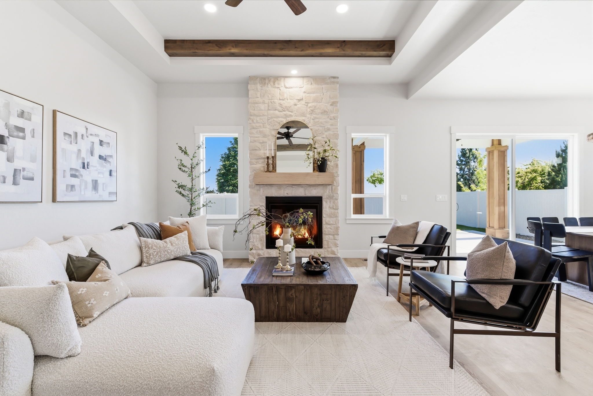Custom great room with stone fireplace